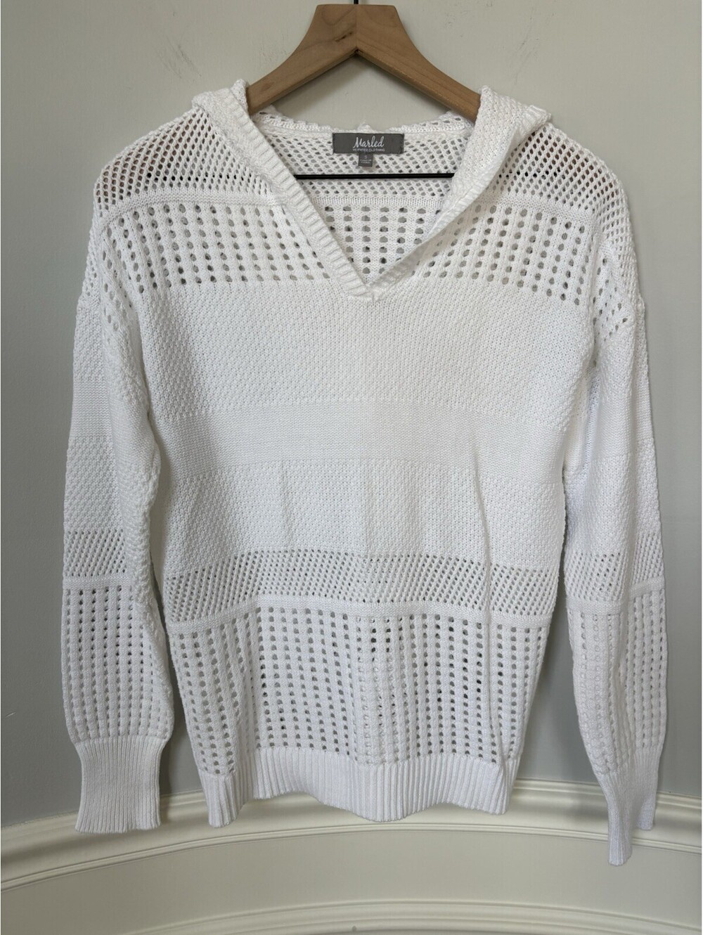 Marled Women's S White Solid Open-Knit V-Neck Hooded Pullover Sweater